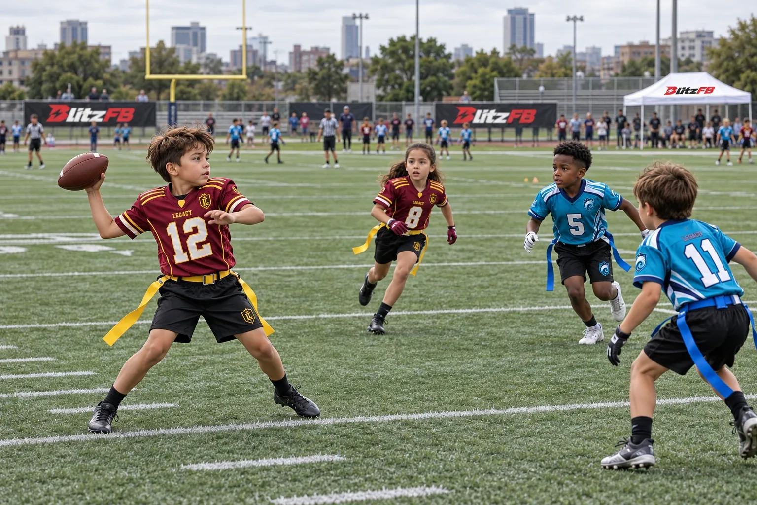 Legacy quarterback preparing a pass against Riviera defenders in co-ed BlitzFB action