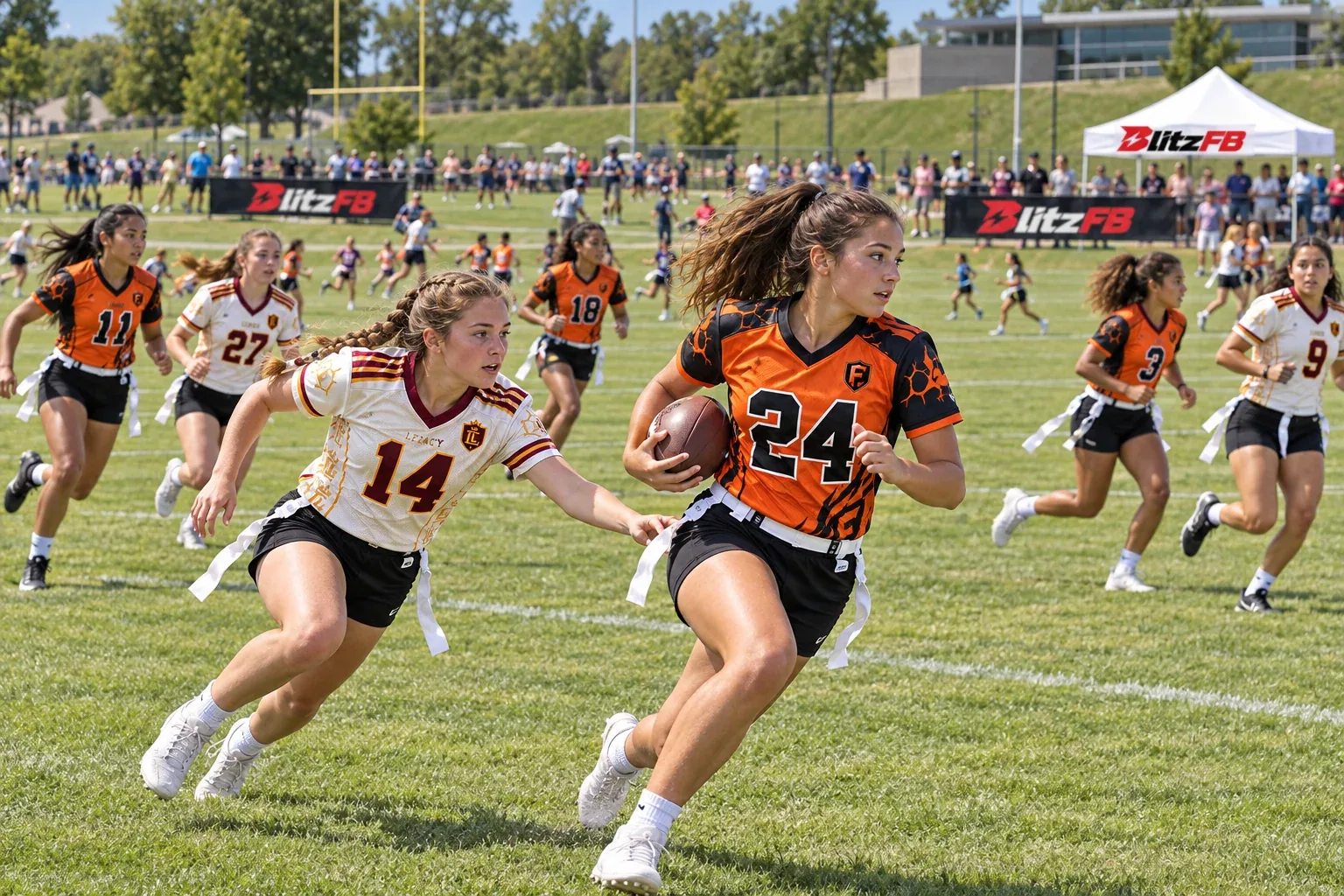 Forge ball carrier pursued by an opposing Apex defender in girls’ BlitzFB action