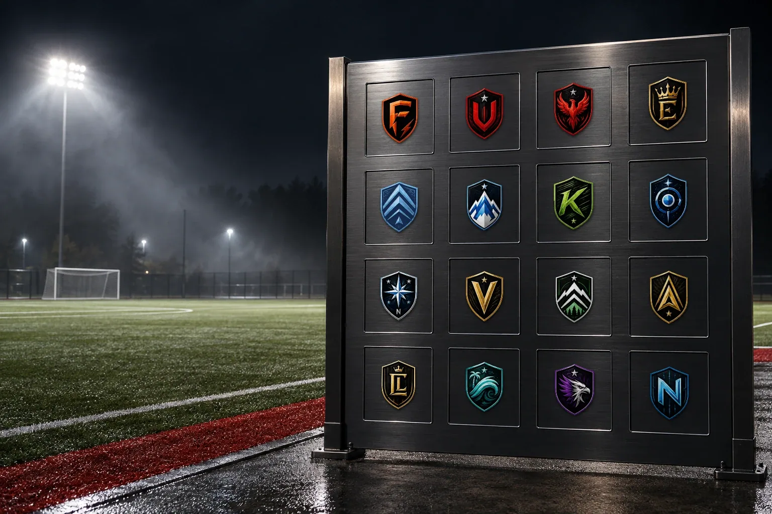 All sixteen Blitz club crests displayed on a metal wall beside a floodlit field
