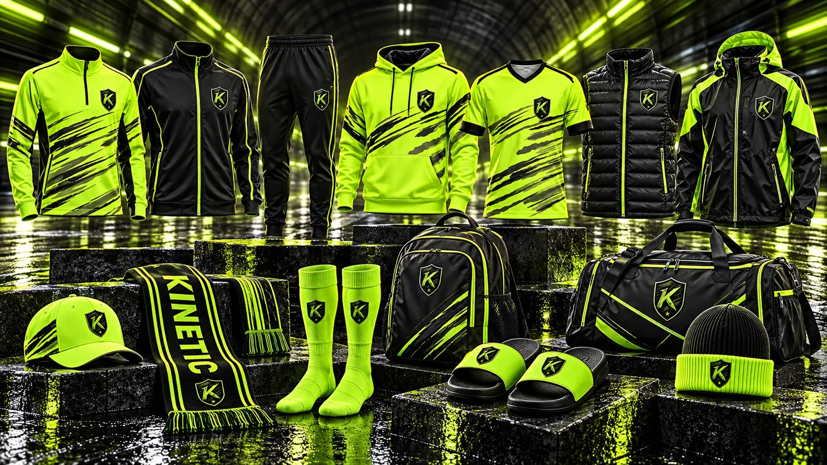 Kinetic FB shared fan-gear collection — existing club artwork for soccer and football