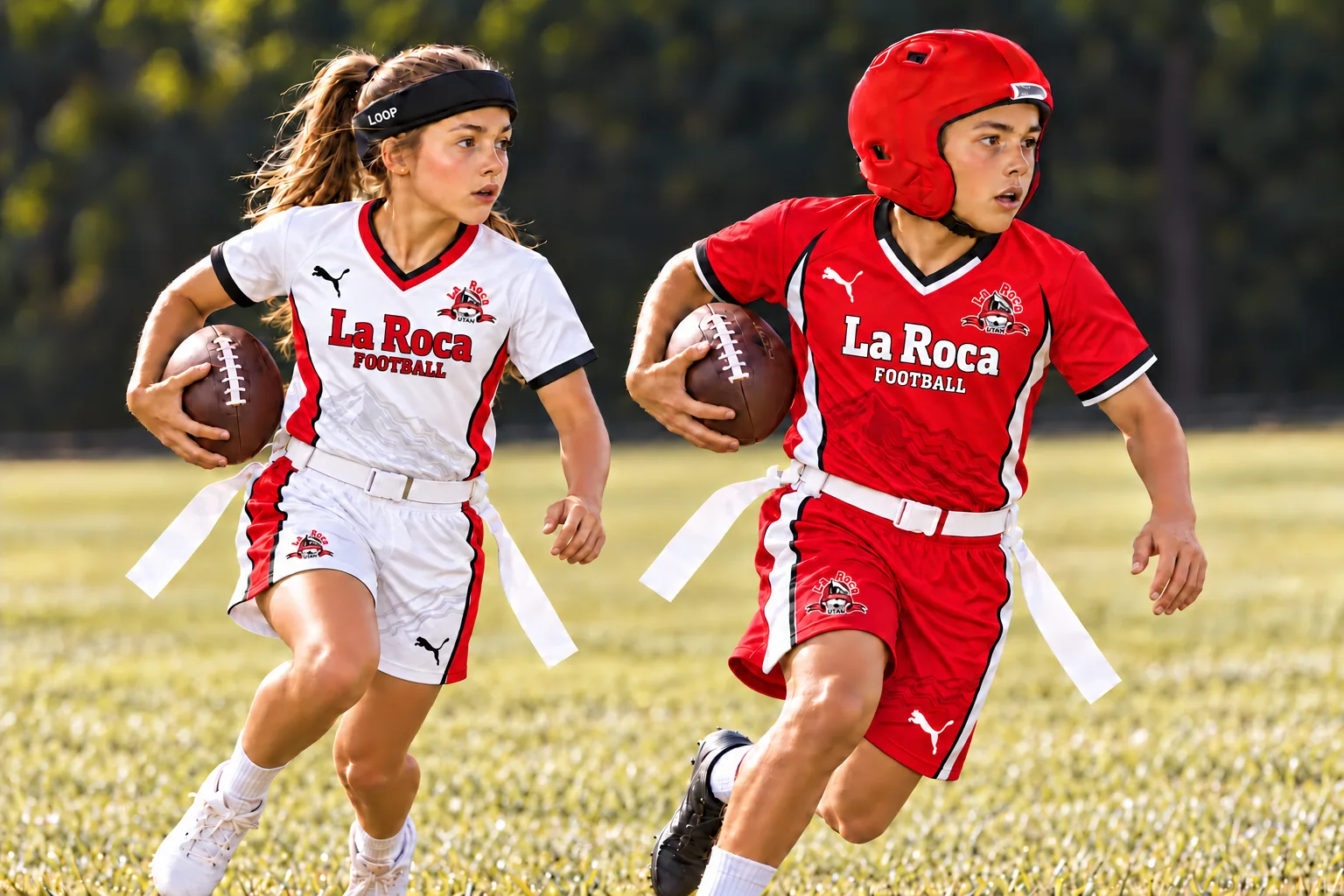 BlitzAcademy boy wearing a red RS2 helmet and girl wearing a black LOOP headband, both in La Roca Football flag uniforms