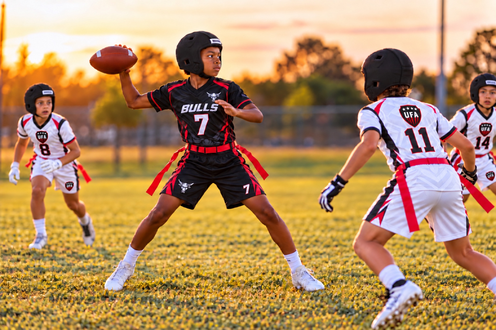 Concept photograph of a 10–12U Bulls quarterback wearing a Rocksolid soft-shell helmet