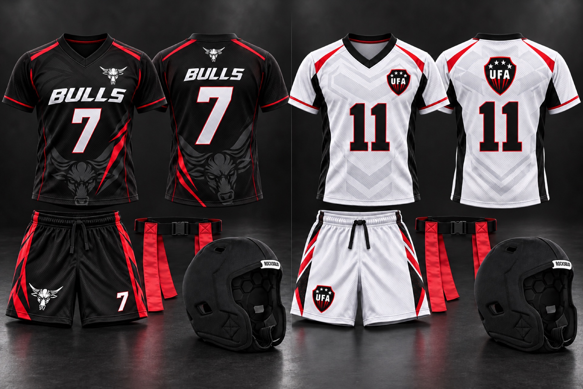 Custom Bulls flag football uniform concept with a Rocksolid helmet