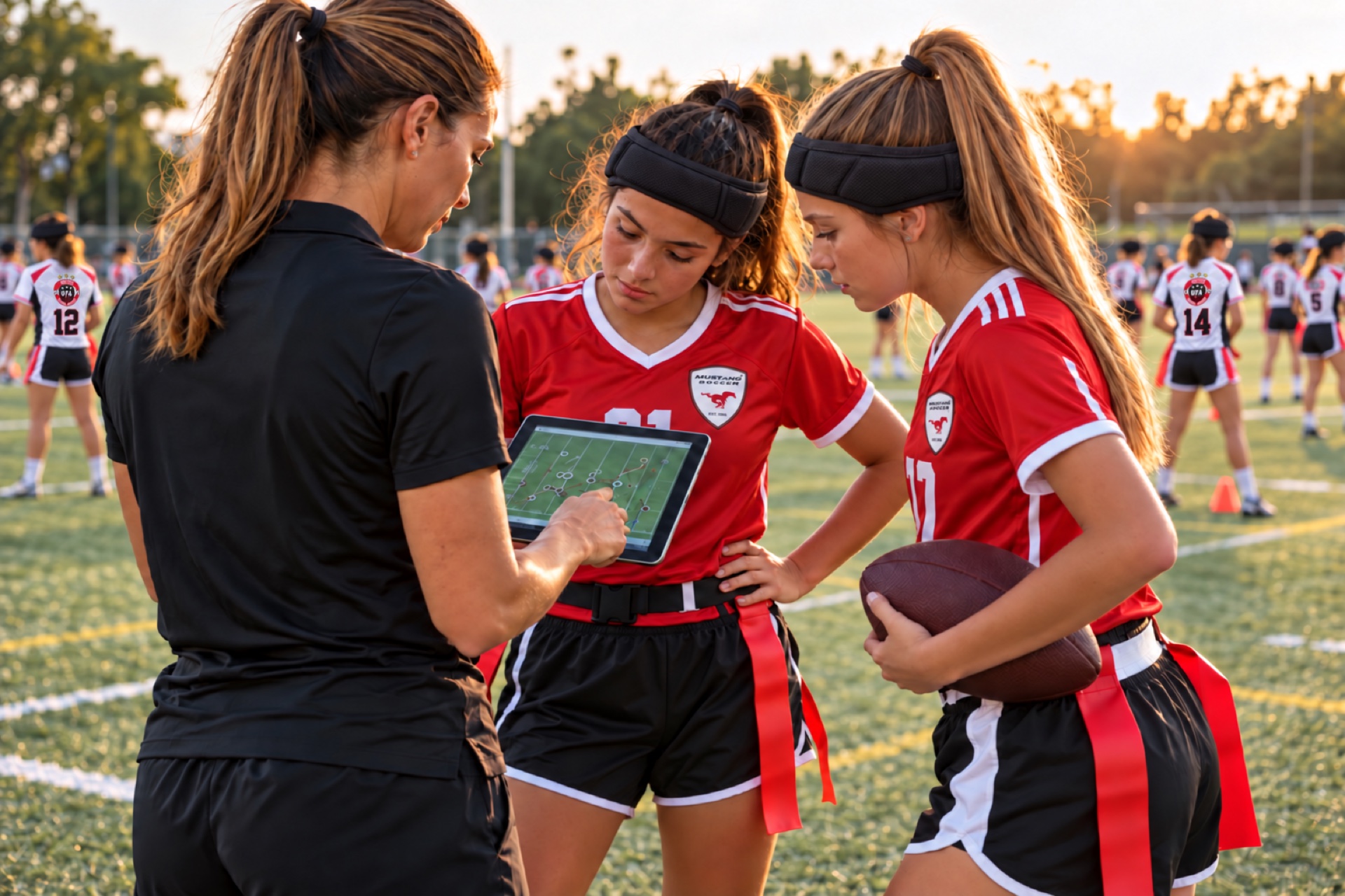 Concept photograph of a coach reviewing film with flag football players