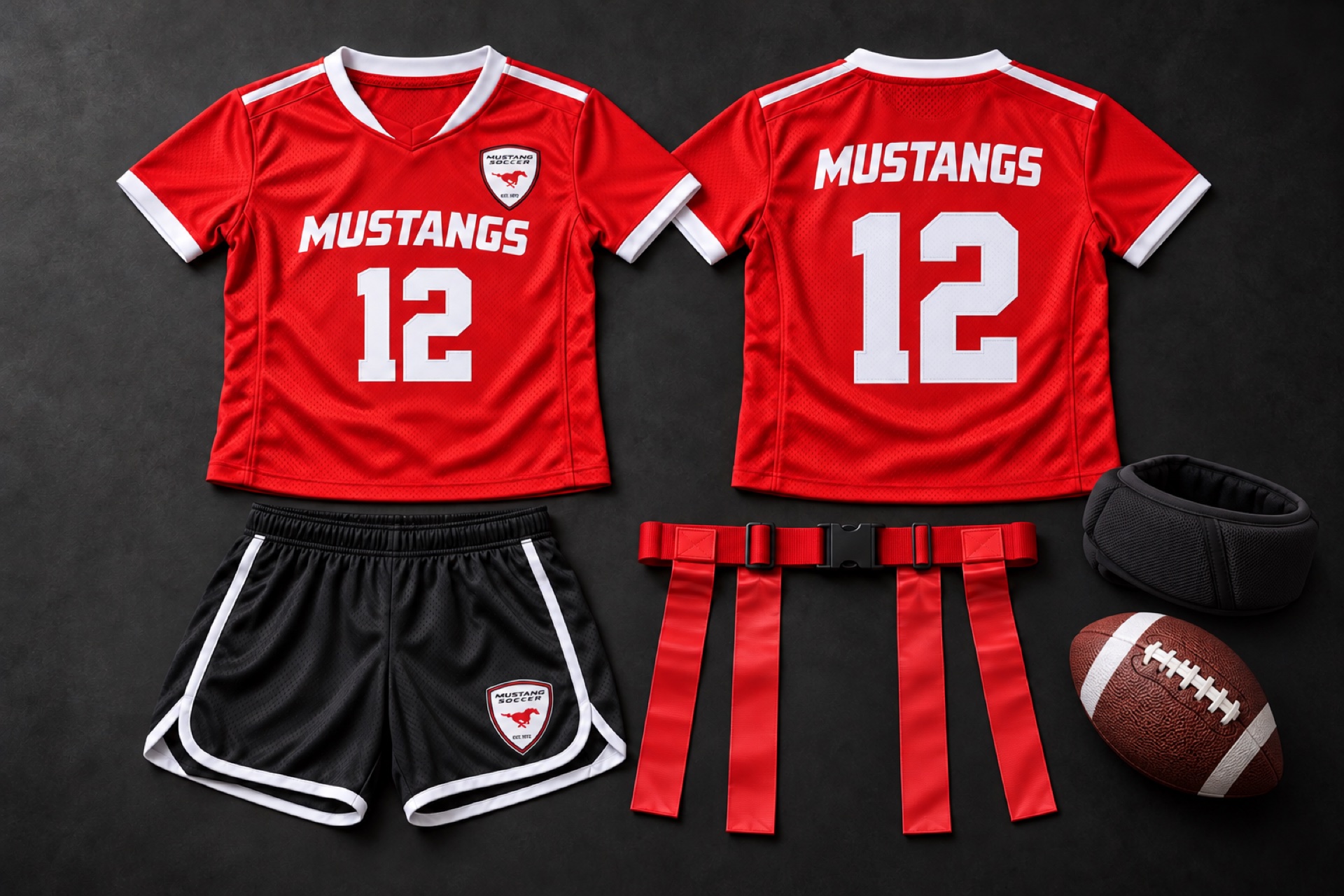 Front and back of red Mustangs-inspired flag football jersey with white trim, black shorts, red flags, and a black padded sports headband